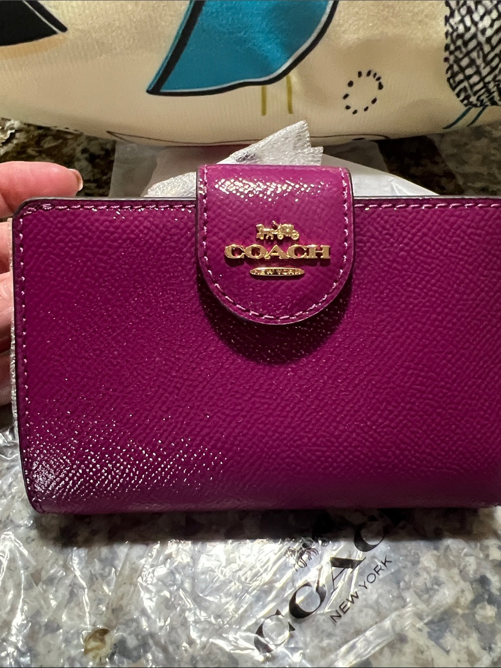 Coach Small Patent Leather Wallet in Berry with Gold Hardware